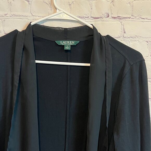 Lauren Ralph Lauren Open Front Black Cardigan Sheer Trim Panel Womens Size M - Picture 1 of 9